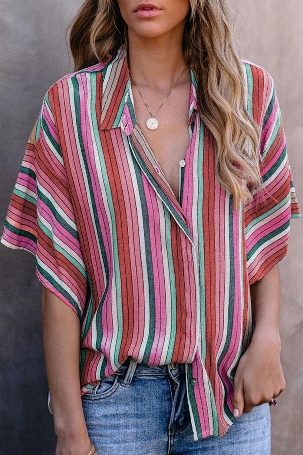 Multi-color Striped Short Sleeve Blouse - L & M Kee, LLC