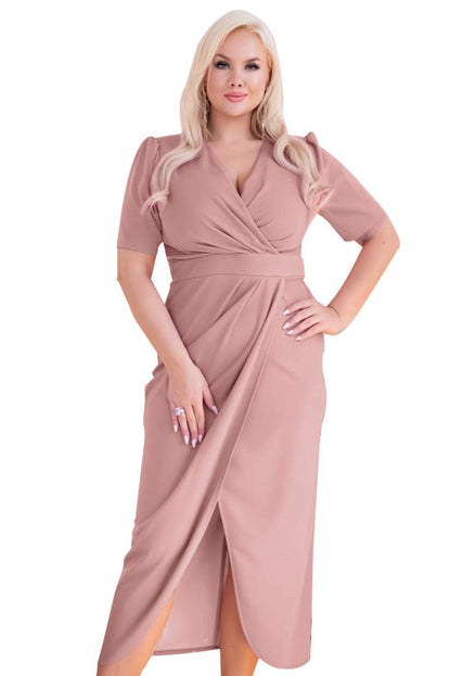 Plus Size Wrap V Neck Slit Hem Midi Dress - L & M Kee, LLC