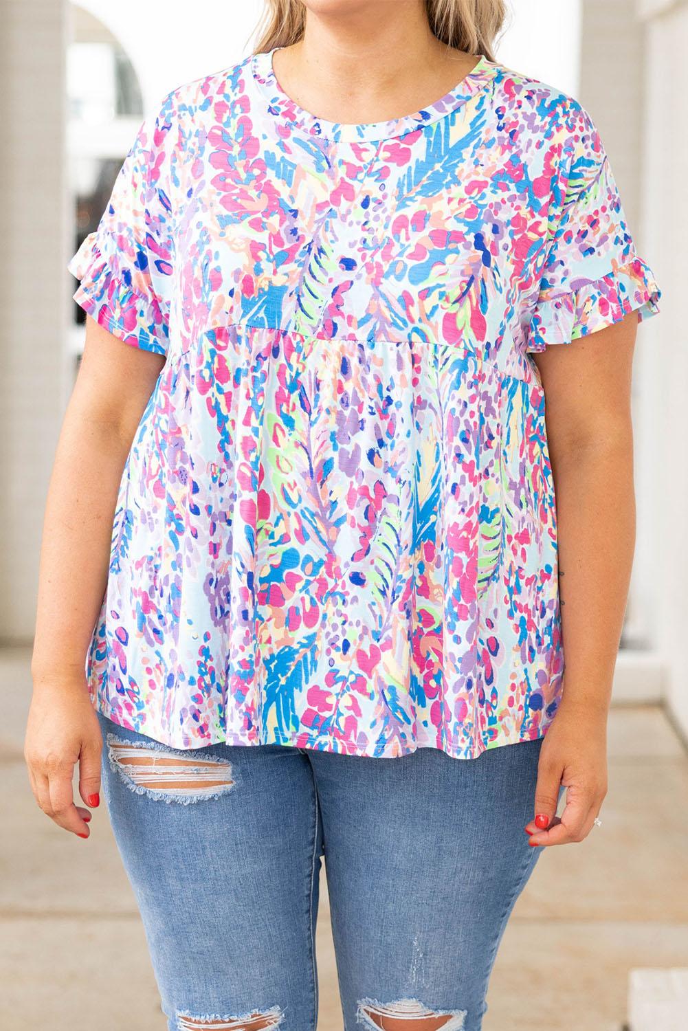 Vibrant Botanical Print Frill Short Sleeve Plus Size Top - L & M Kee, LLC