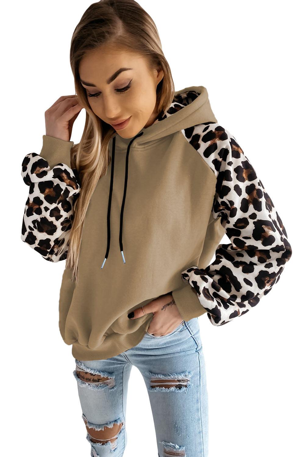 Khaki Leopard Bishop Sleeve Hooded Sweatshirt - L & M Kee, LLC