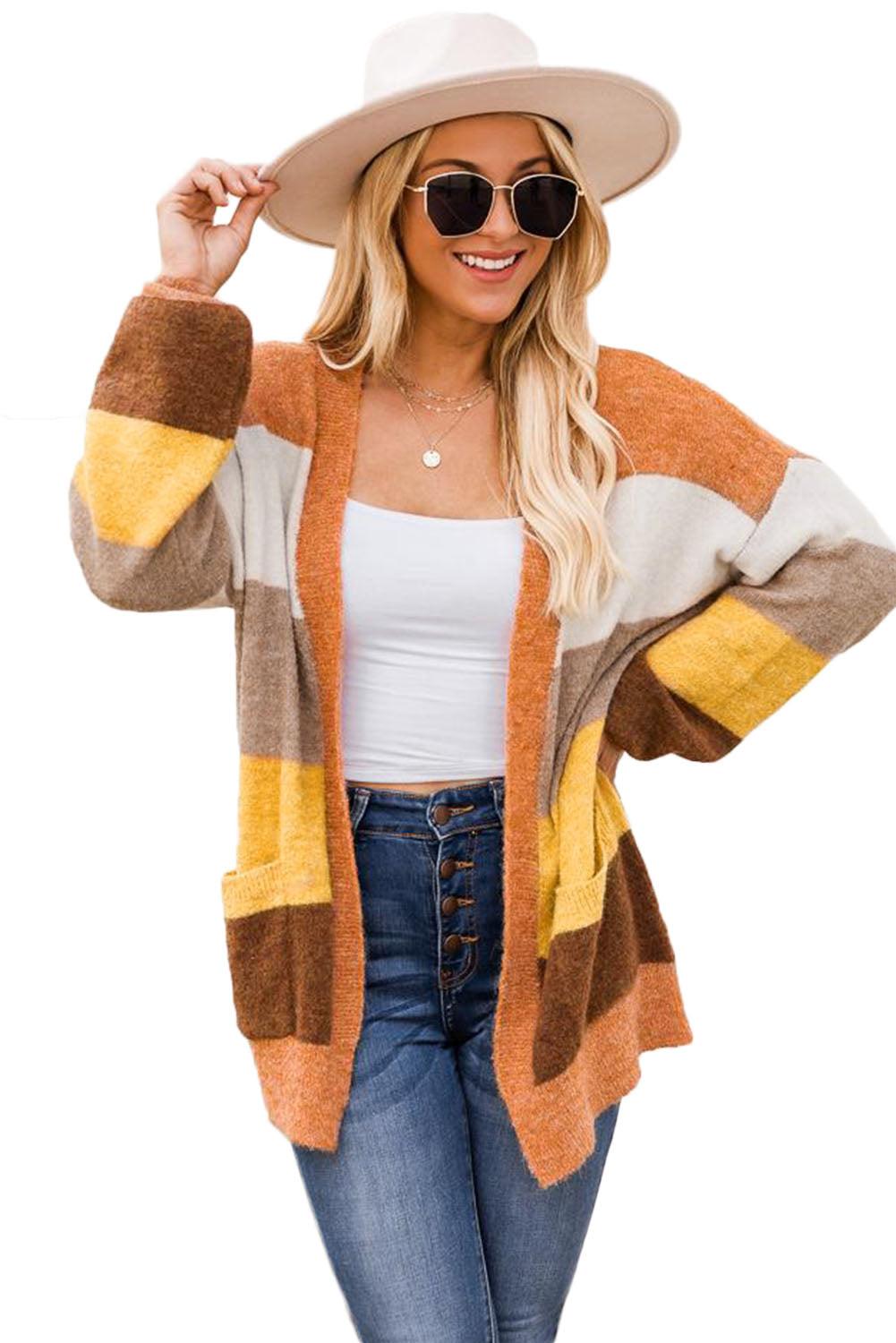 Open Front Pocketed Colorblock Cardigan - L & M Kee, LLC