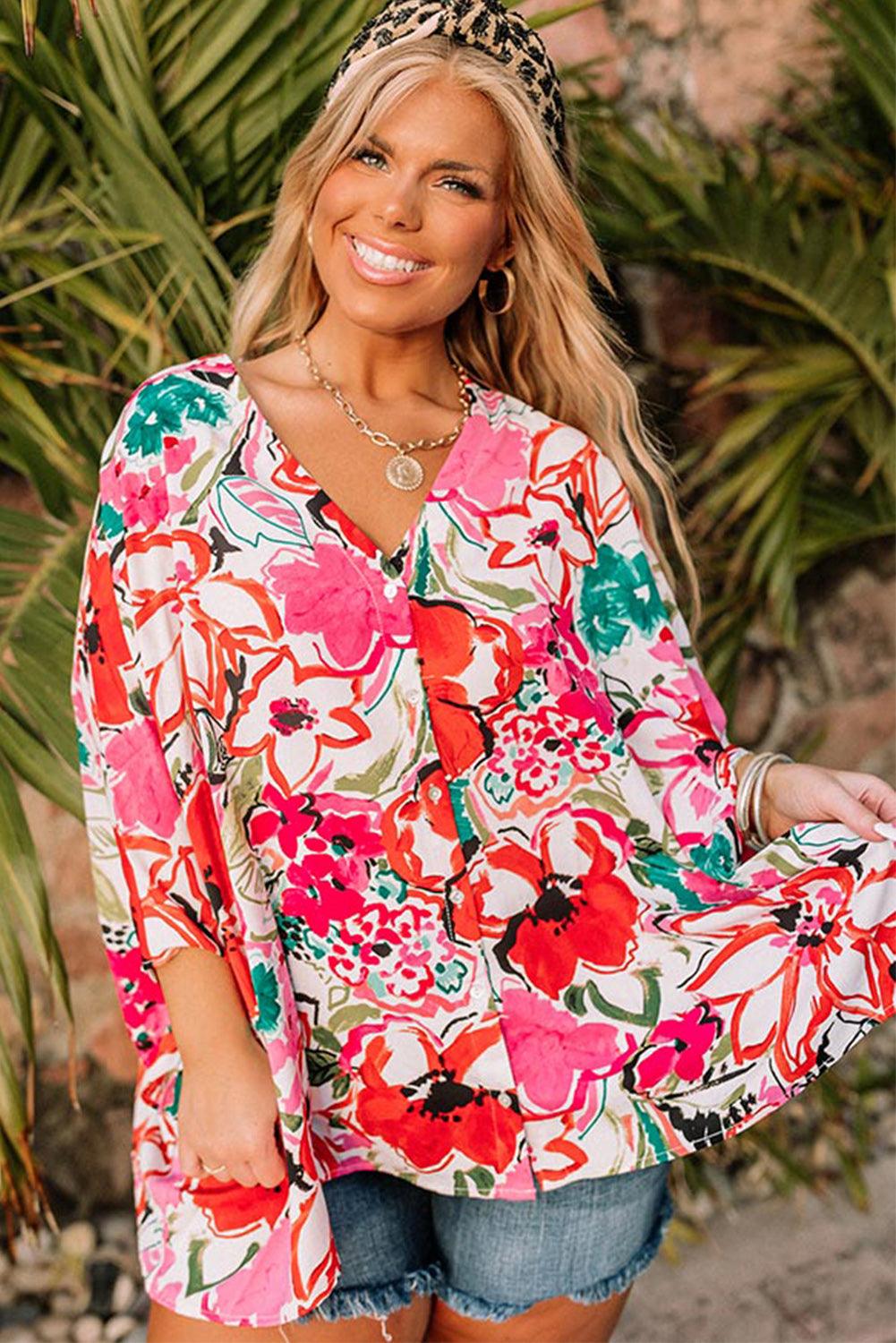 Plus Size Floral Print Kimono Sleeve Shirt - L & M Kee, LLC