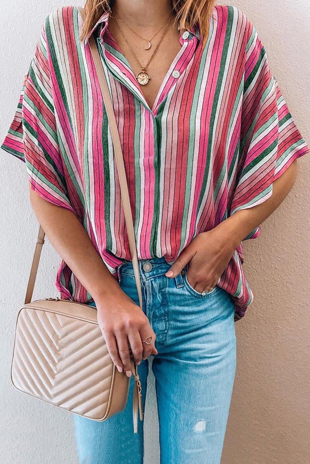 Multi-color Striped Short Sleeve Blouse - L & M Kee, LLC