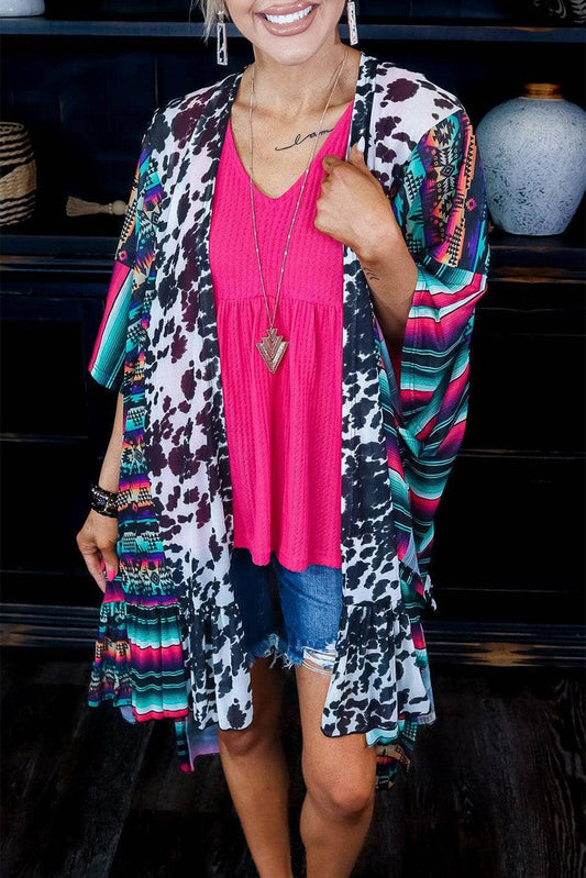 Multicolor Cow Serape Aztec Print Kimono Cardigan - L & M Kee, LLC