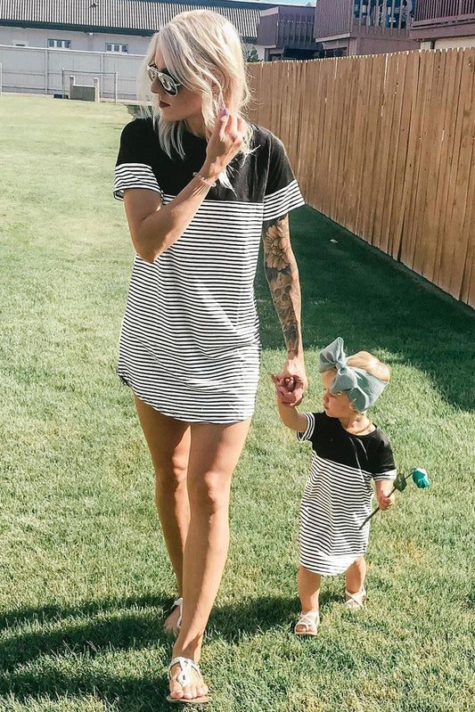 Family Matching Striped Splicing Mom's T-shirt Mini Dress - L & M Kee, LLC