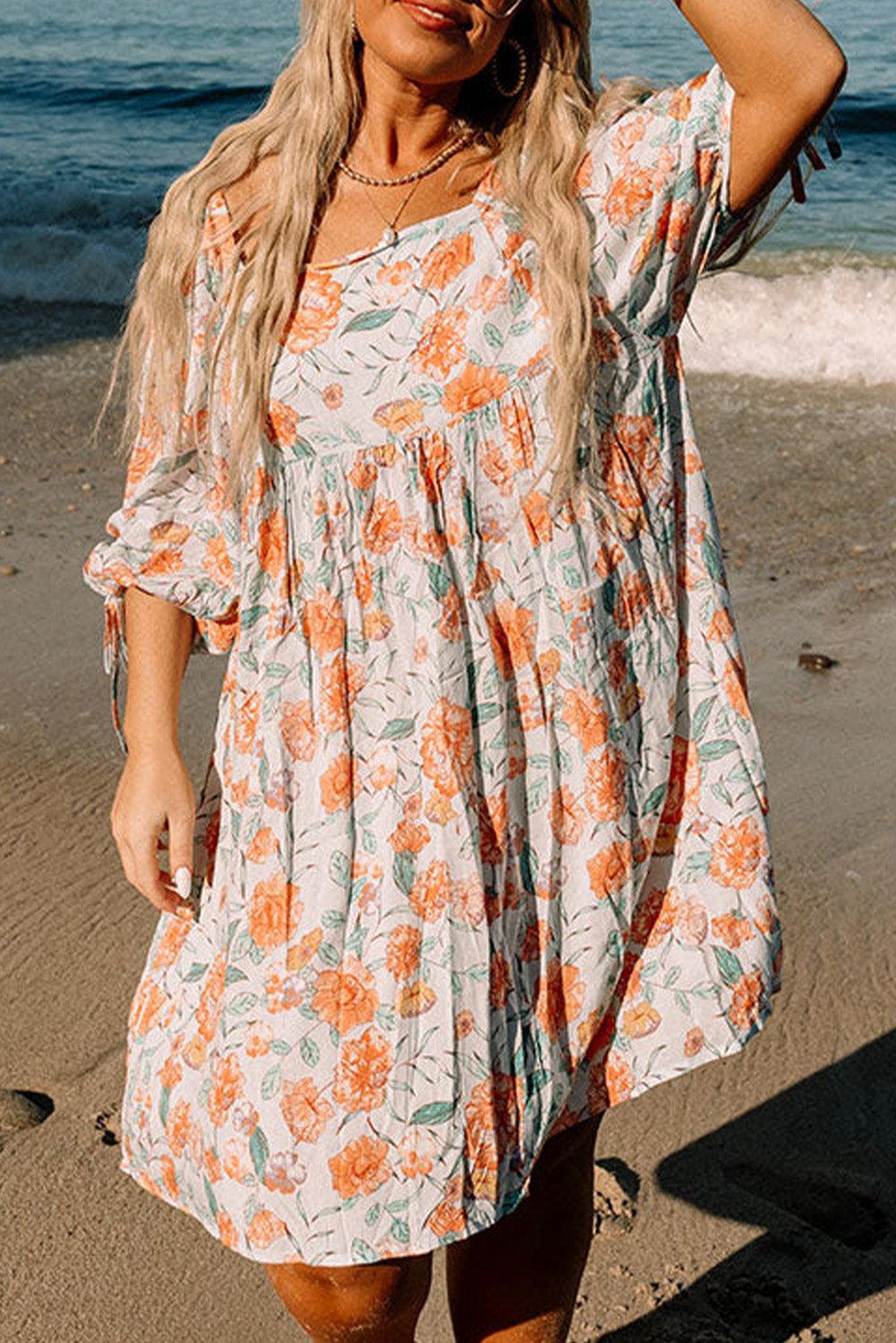 Plus Size Square Neck Tie Sleeve Floral Dress - L & M Kee, LLC