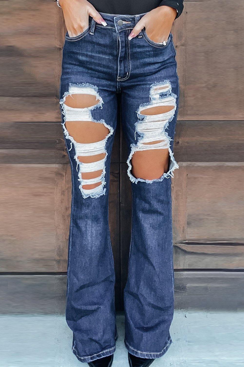 High Waist Distressed Bell Jeans - L & M Kee, LLC