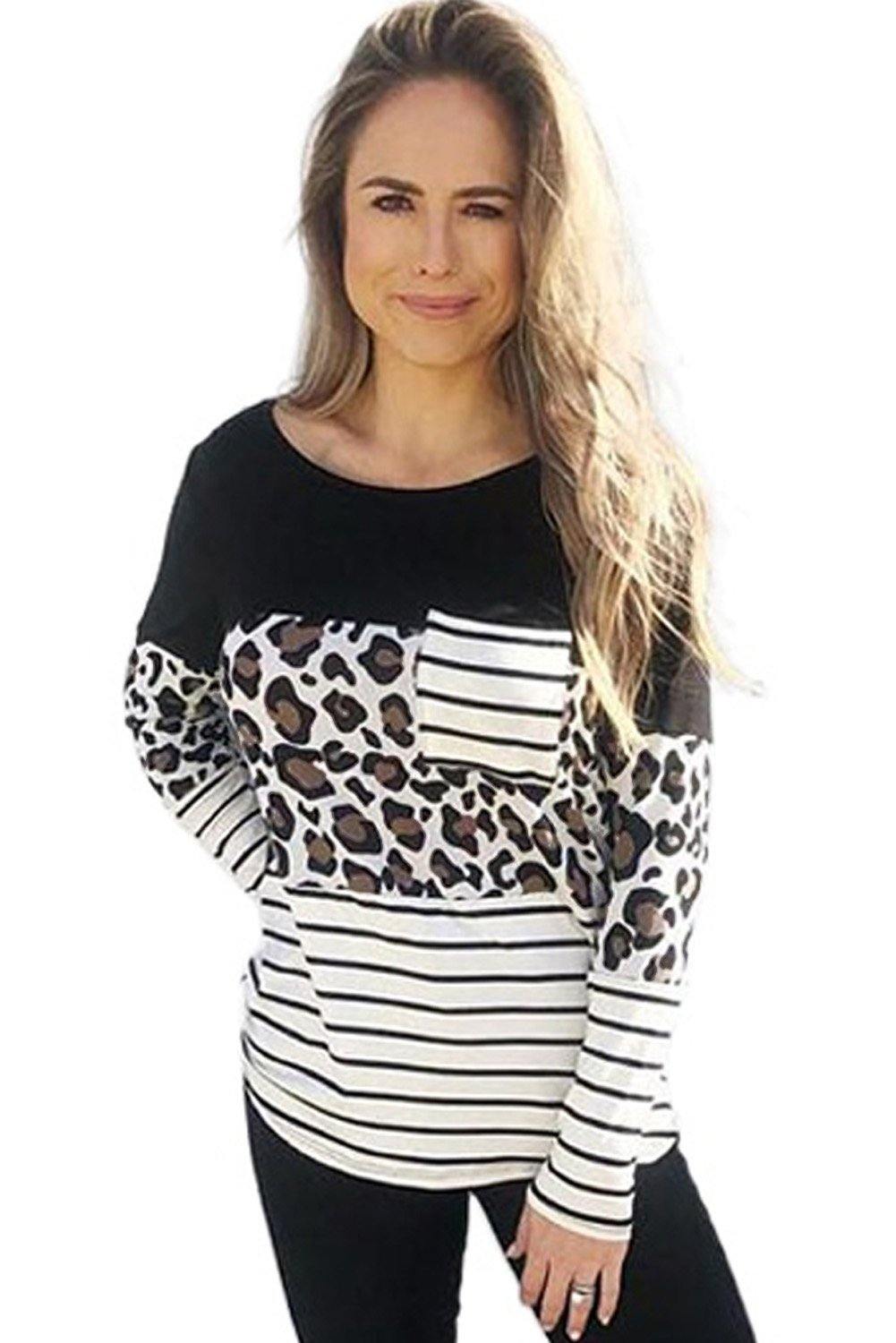 Striped Patchwork Long Sleeve Top with Pocket - L & M Kee, LLC