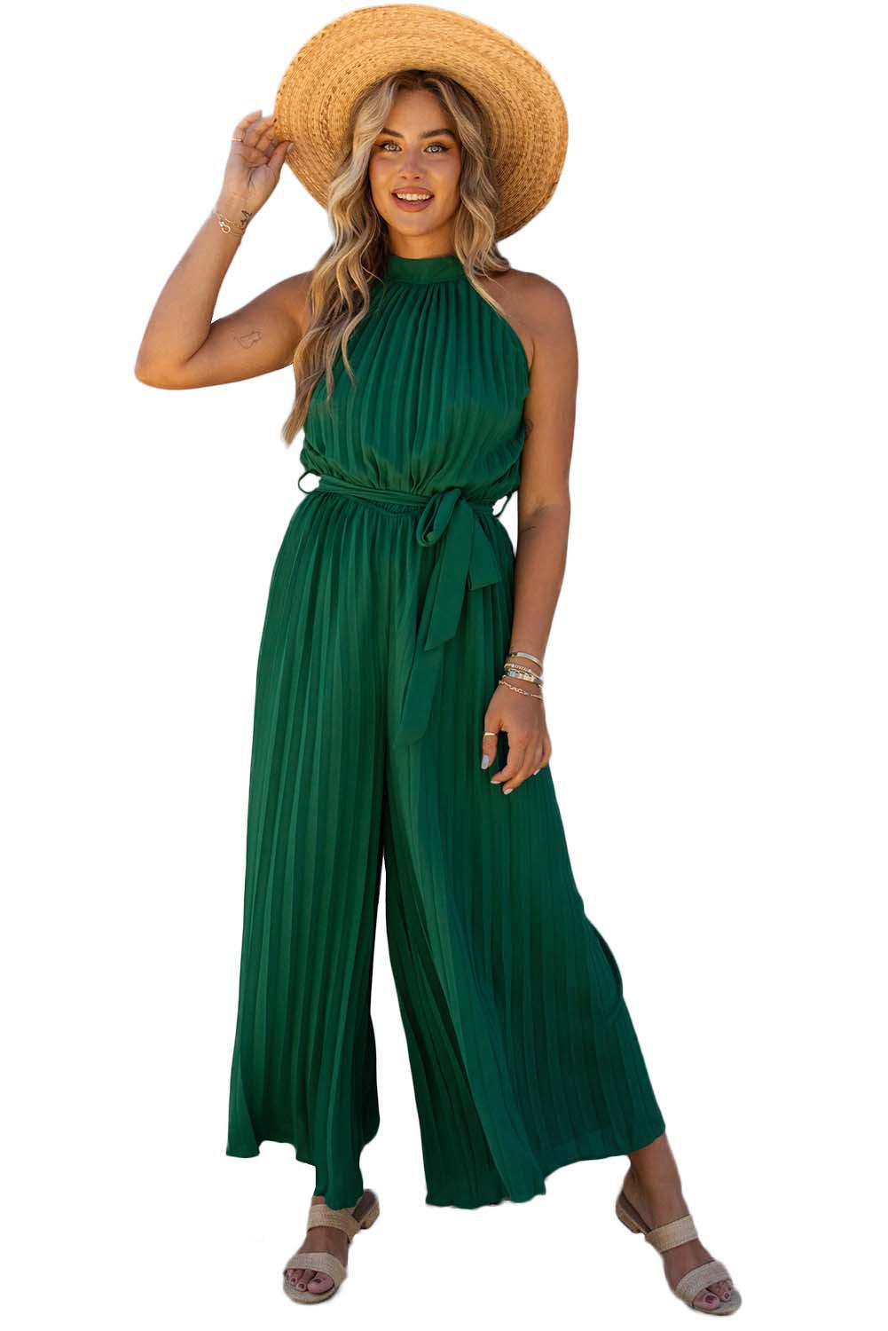 Halter Neck Pleated Wide Leg Jumpsuit with Belt - L & M Kee, LLC