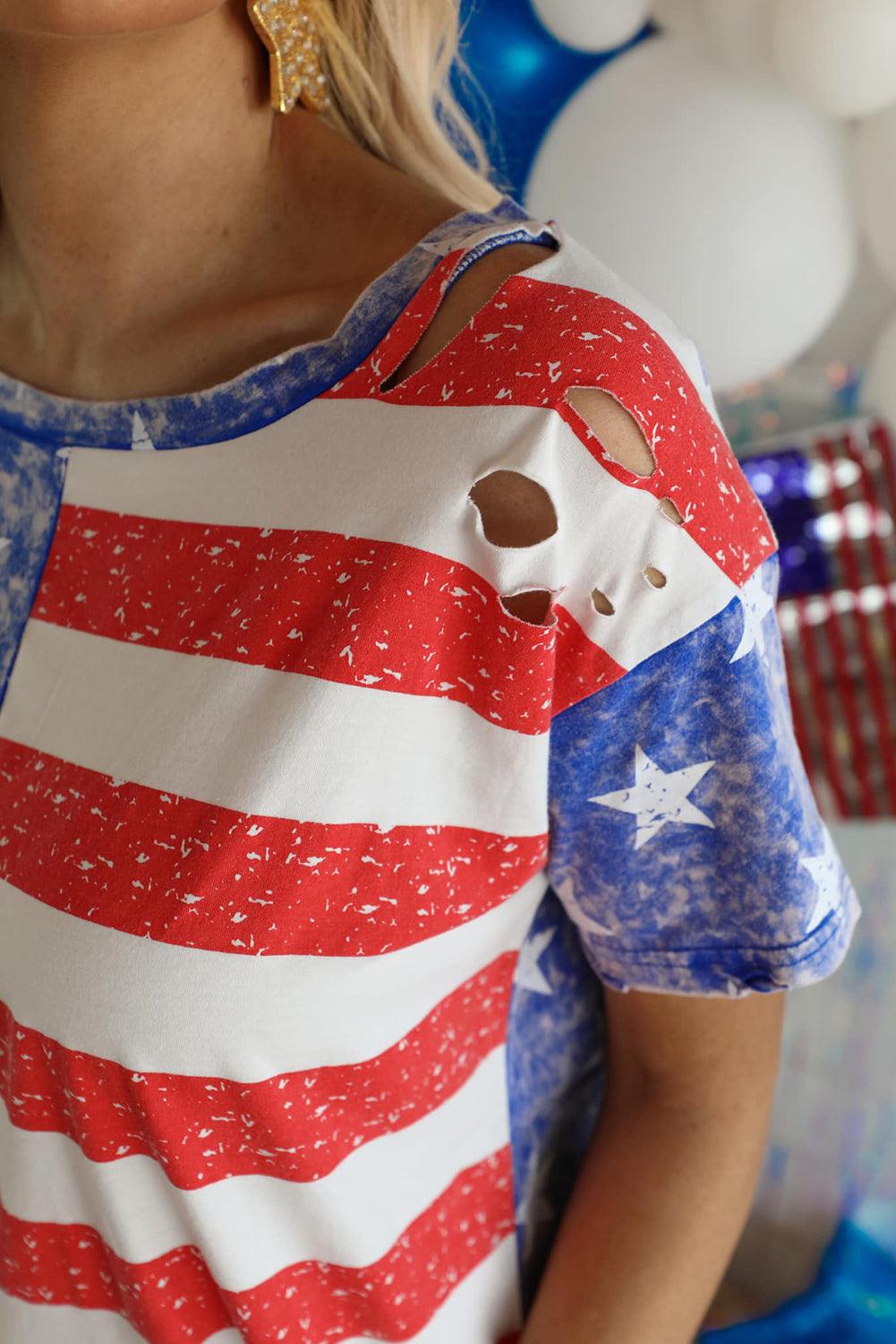 Stripe American Flag Print Distressed Crew Neck T Shirt - L & M Kee, LLC