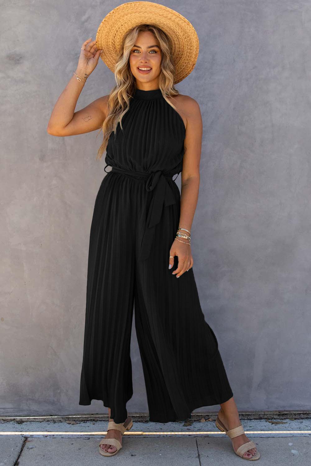 Halter Neck Pleated Wide Leg Jumpsuit with Belt - L & M Kee, LLC