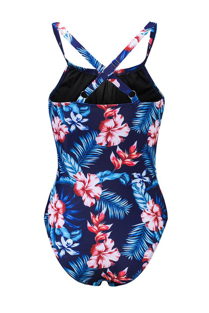 Floral Print Mesh Patchwork Criss Cross One-piece Swimsuit - L & M Kee, LLC