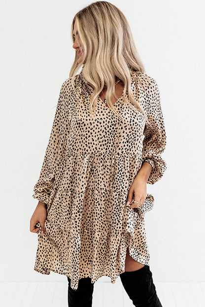 Khaki Leopard Print Ruffled V Neck Long Sleeve Mini Dress - L & M Kee, LLC