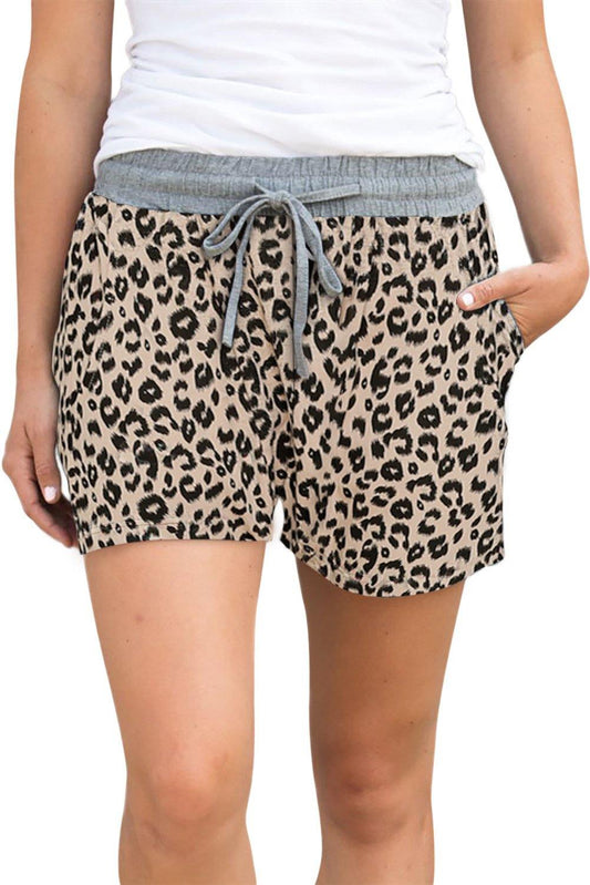 Khaki Leopard Print Drawstring Waist Shorts - L & M Kee, LLC