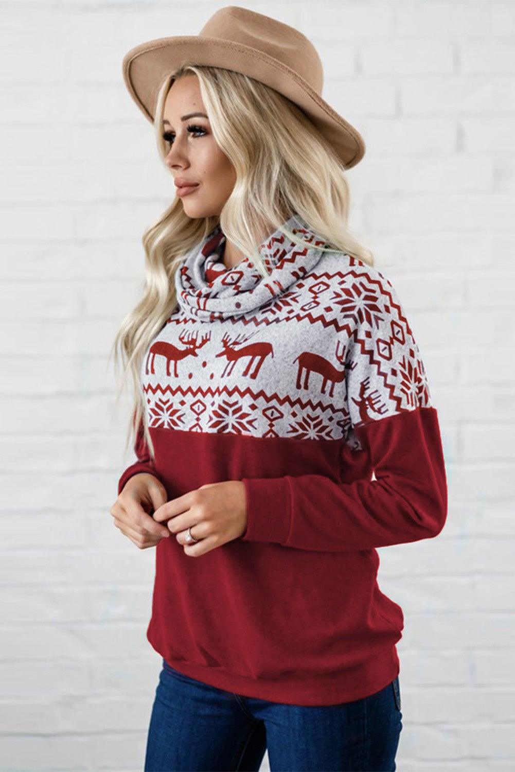 Christmas Elk Snowflake Color Block Cowl Neck Sweatshirt - L & M Kee, LLC