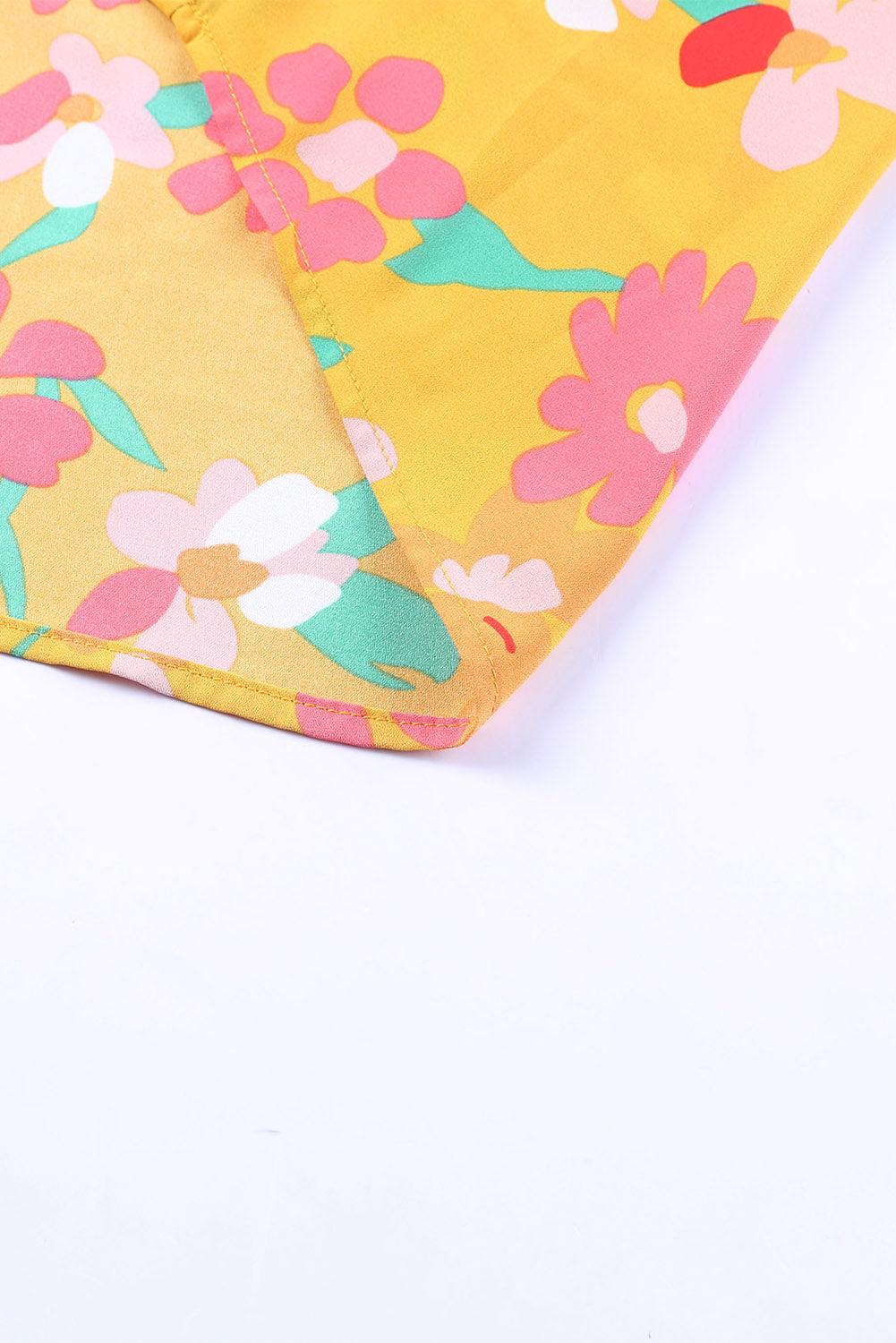 Floral Print Ruffle Cap Sleeve Keyhole Back Blouse - L & M Kee, LLC