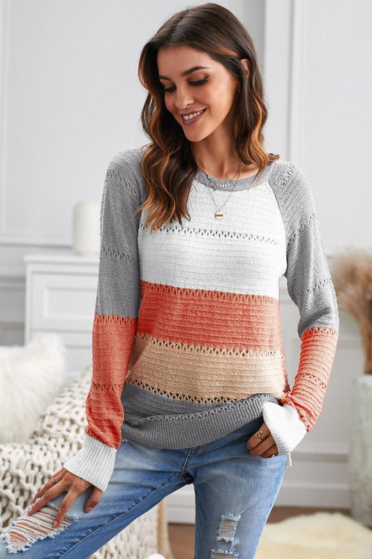 Multi-color Knitted Color Block Long Sleeve Crew Neck Sweater - L & M Kee, LLC