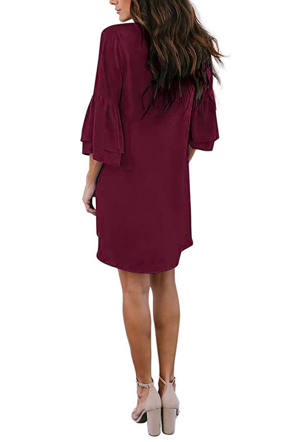 V Neck Buttoned Bell Sleeve Shift Shirt Dress - L & M Kee, LLC