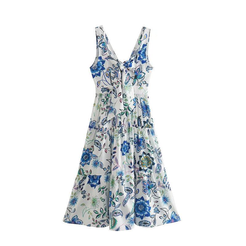 Elegant V-Neck Bow Blue Print A-Line Dress - L & M Kee, LLC