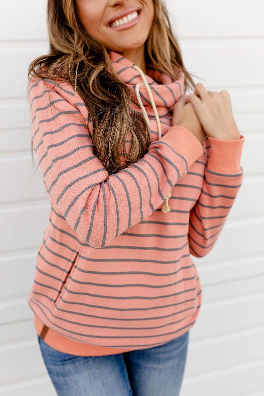 Striped Turtleneck Hoodie with Pocket - L & M Kee, LLC