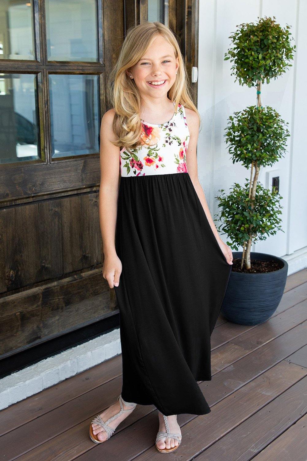 Crewneck Sleeveless Floral Patchwork Kids Maxi Dress - L & M Kee, LLC