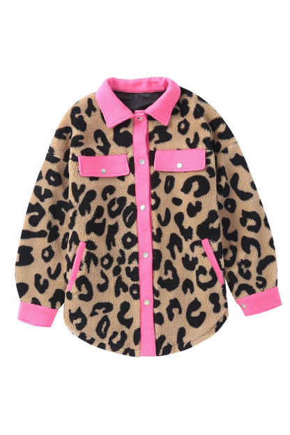 Contrast Trimmed Leopard Teddy Shacket - L & M Kee, LLC