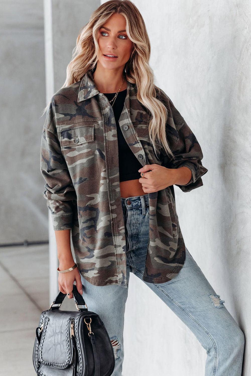Camo Print Button up Hooded Jacket - L & M Kee, LLC