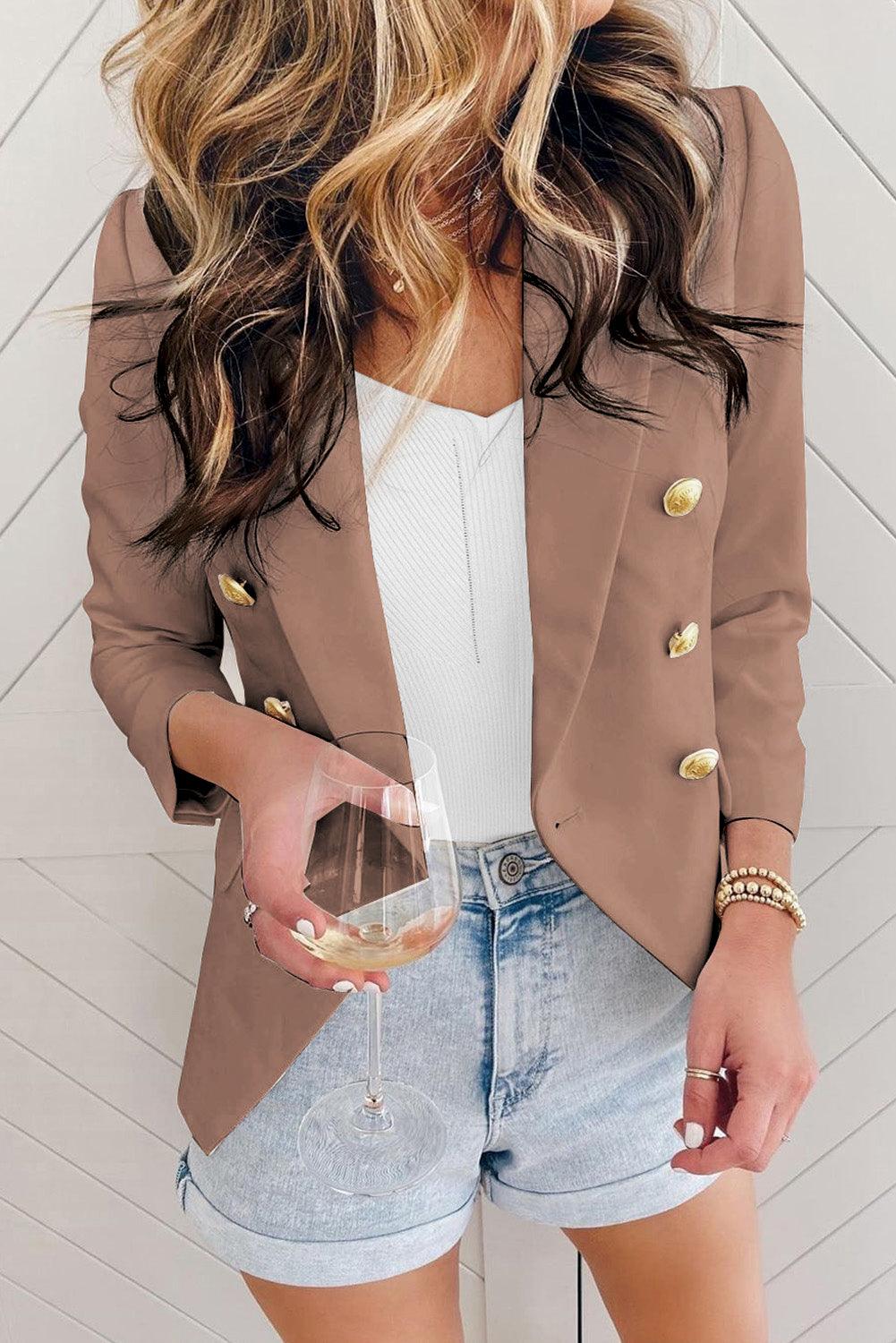 Double Breasted Long Sleeve Novelty Button Blazer - L & M Kee, LLC