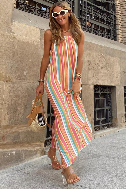 Bohemian Striped Print Sleeveless Holiday Maxi Dress - L & M Kee, LLC