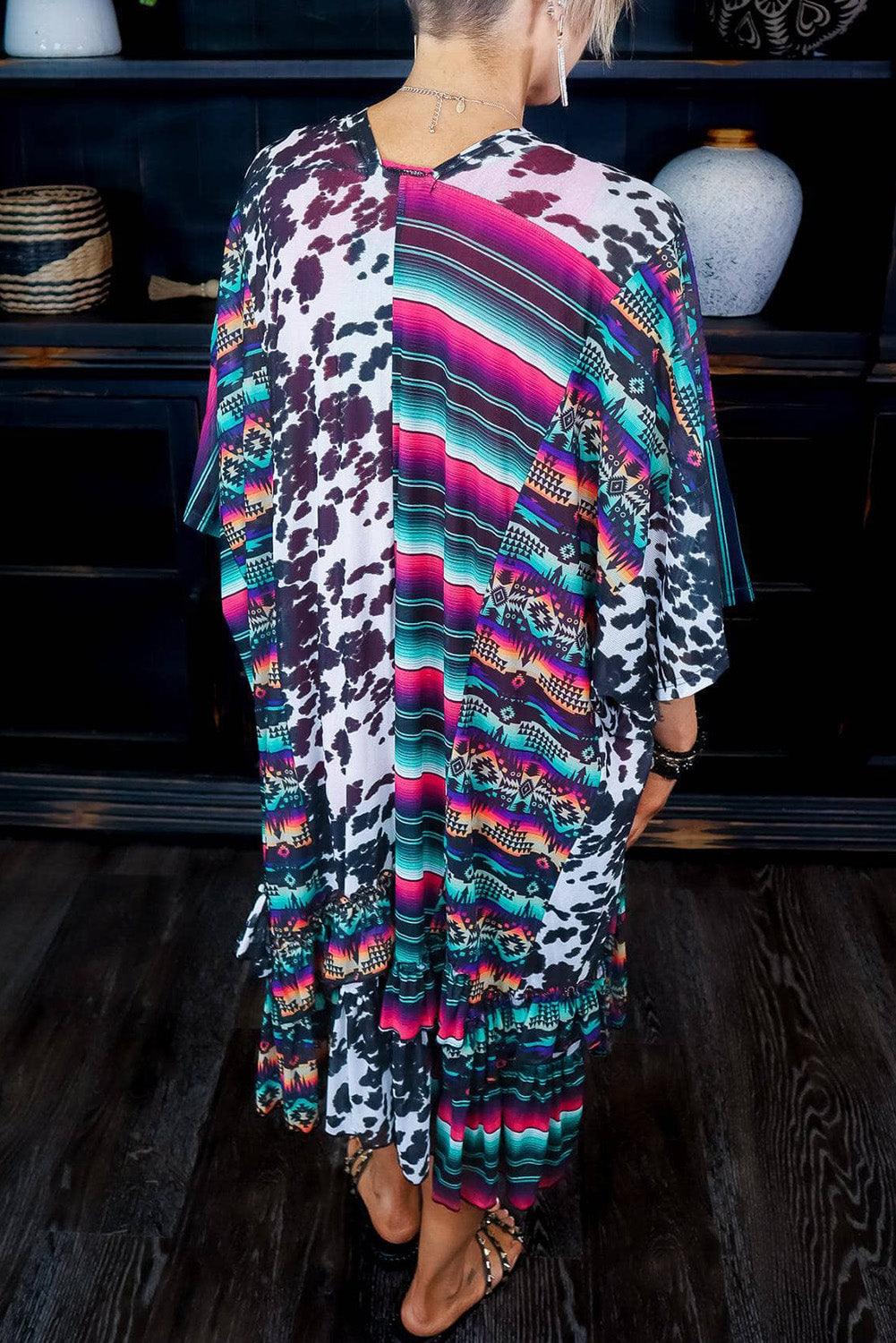 Multicolor Cow Serape Aztec Print Kimono Cardigan - L & M Kee, LLC