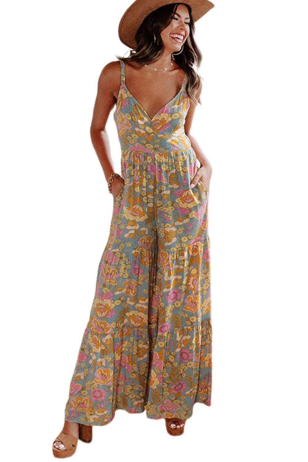 Adjustable Straps Floral Tiered Wide Leg Jumpsuit - L & M Kee, LLC