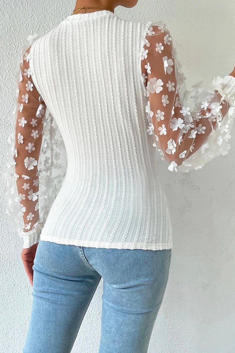 Floral Applique Mesh Sleeves Textured Knit Blouse - L & M Kee, LLC