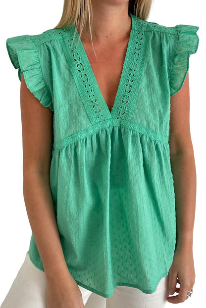 Eyelet V Neckline Ruffle Swiss Dot Top - L & M Kee, LLC