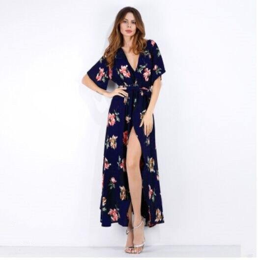 Chiffon Print Deep V-Neck Floral Dress - L & M Kee, LLC