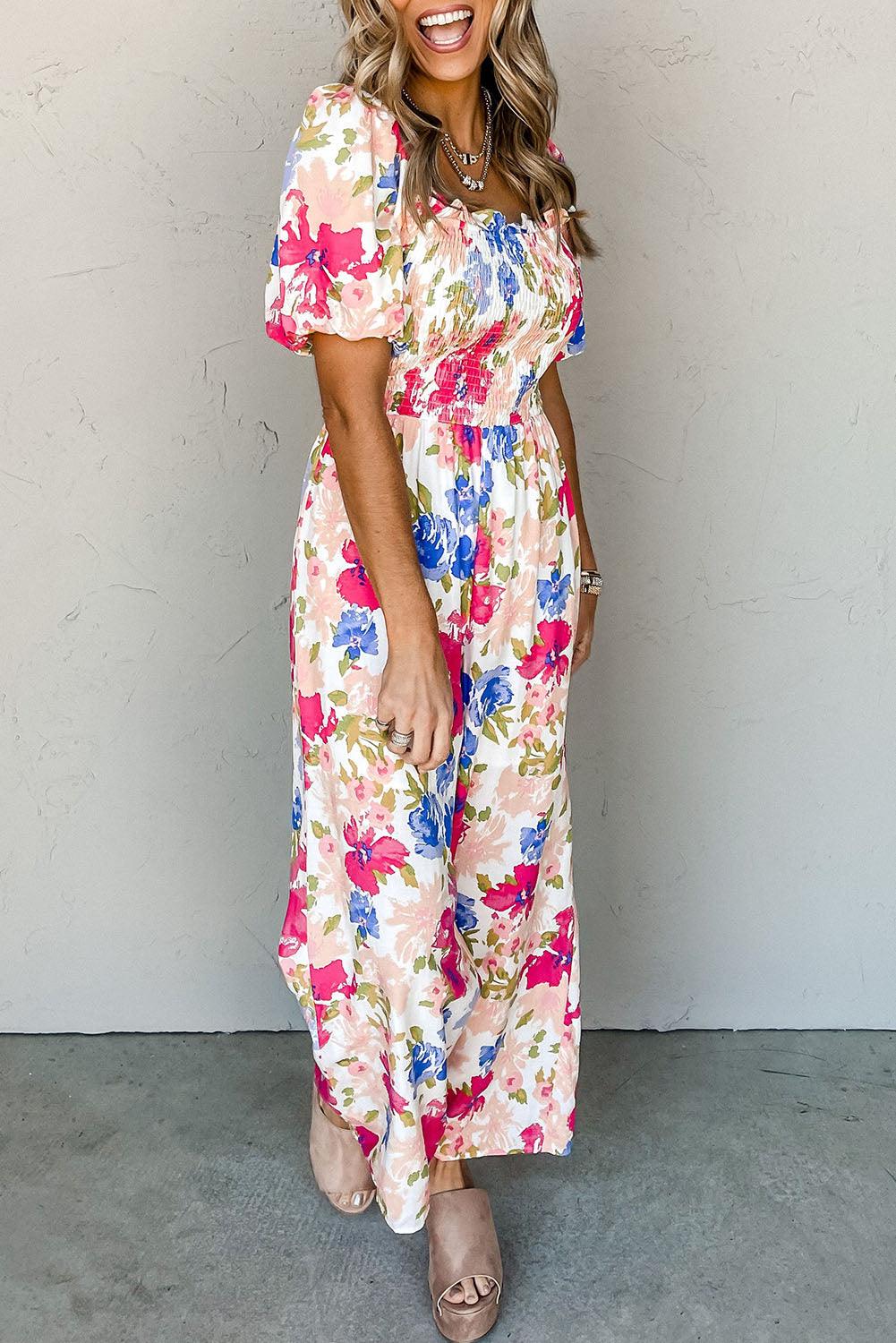 Multicolor Floral Print Smocked Puff Sleeve Jumpsuit - L & M Kee, LLC