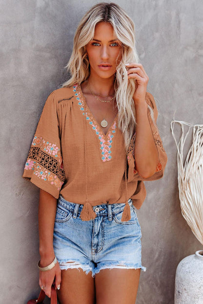 Beige Tassel Drawstring Embroidered Half Sleeve V Neck Top - L & M Kee, LLC