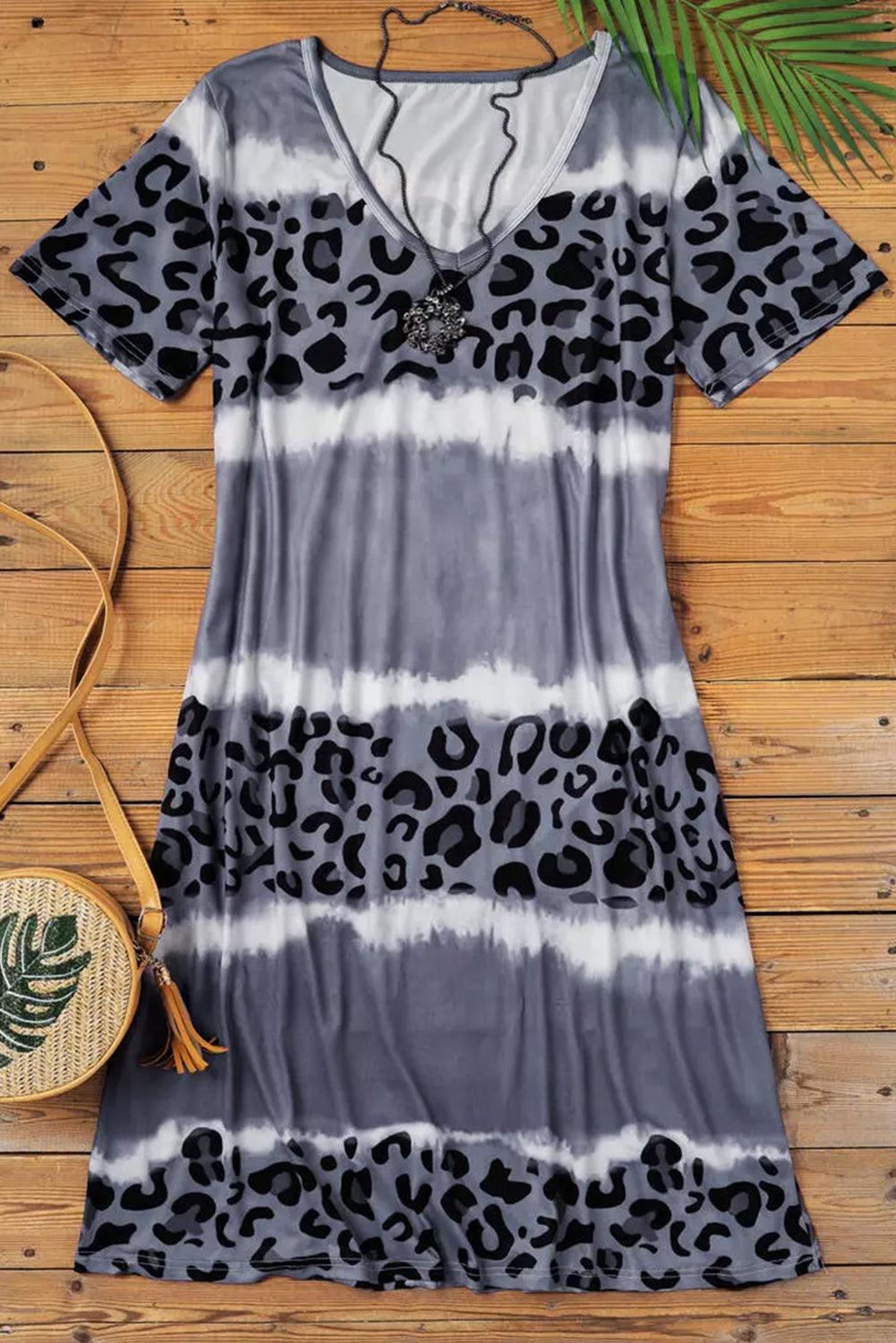 Rose Leopard Color Block V-Neck T-shirt Dress - L & M Kee, LLC