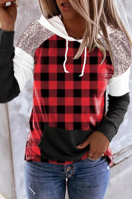 Sequined Splicing Plaid Kangaroo Pocket Hoodie - L & M Kee, LLC