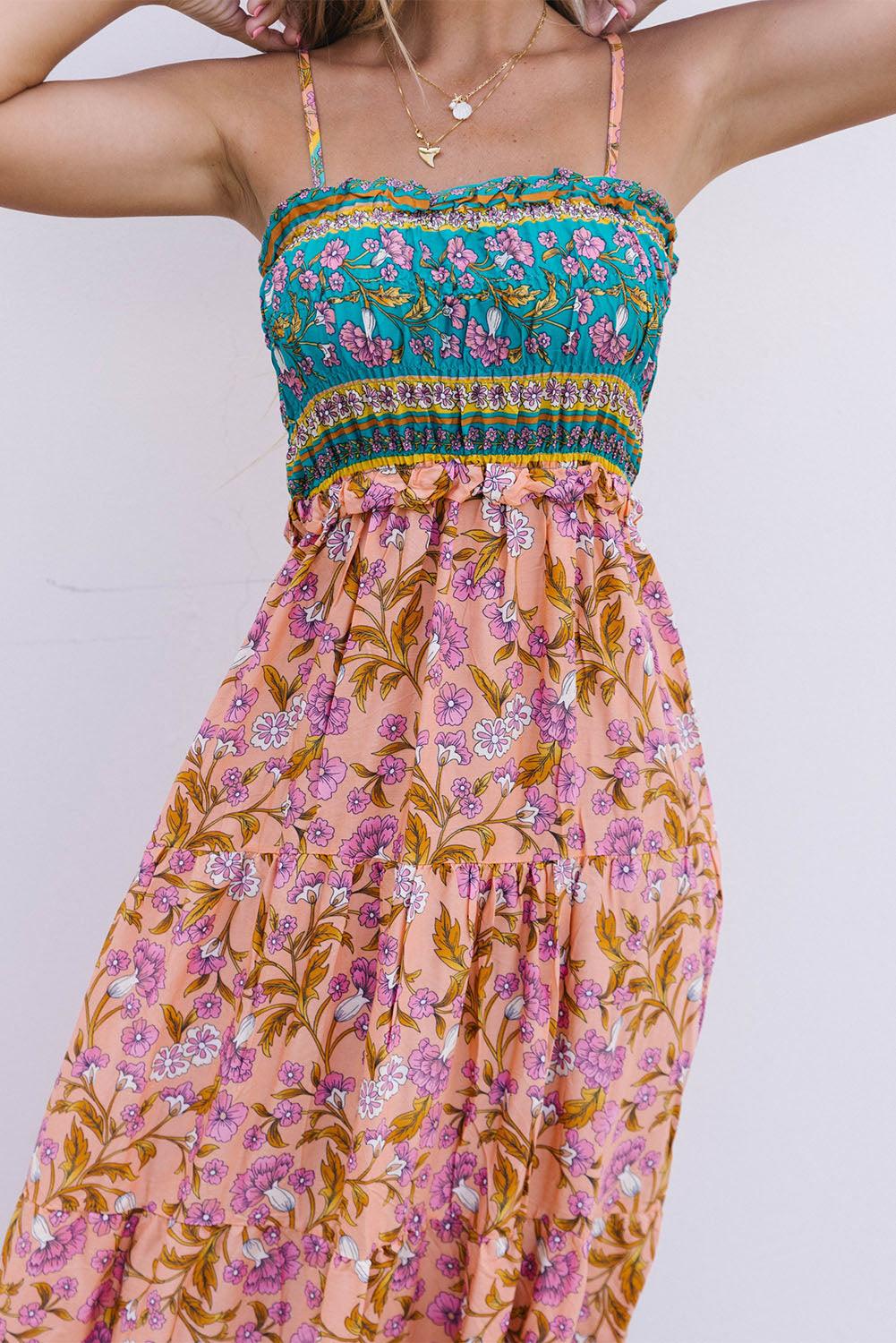 Floral Print Bodice Spaghetti Strap Maxi Dress - L & M Kee, LLC