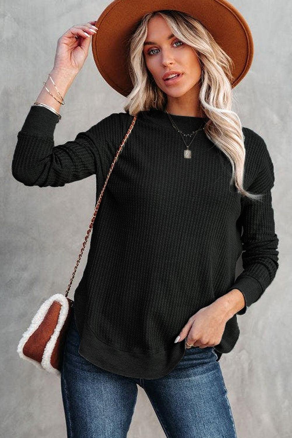 Crew Neck Ribbed Trim Waffle Knit Top - L & M Kee, LLC