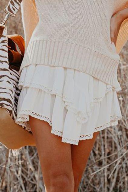 Solid Color High Waist Tiered Crochet Ruffle Mini Skirt - L & M Kee, LLC