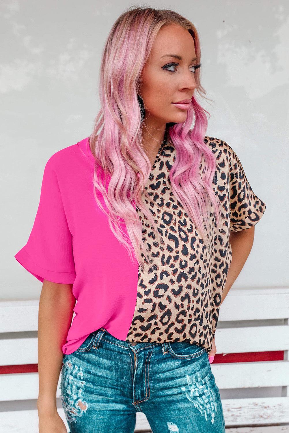 Contrast Leopard Color Block Blouse - L & M Kee, LLC