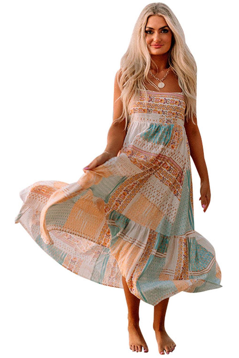 Multicolor Boho Patchwork Print Square Neck Sundress - L & M Kee, LLC