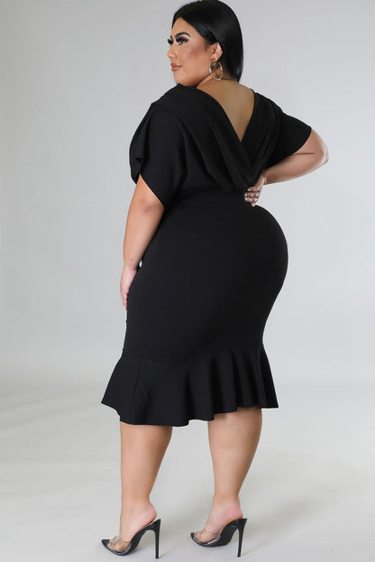 Plus Size Pleated V Neck Ruffle Hem Bodycon Dress - L & M Kee, LLC