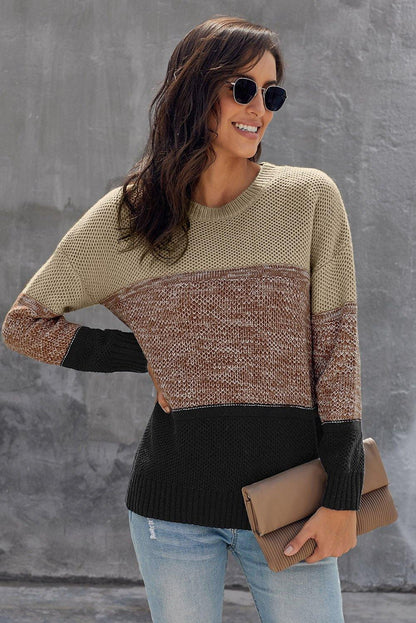 Gray Color Block Netted Texture Pullover Sweater - L & M Kee, LLC