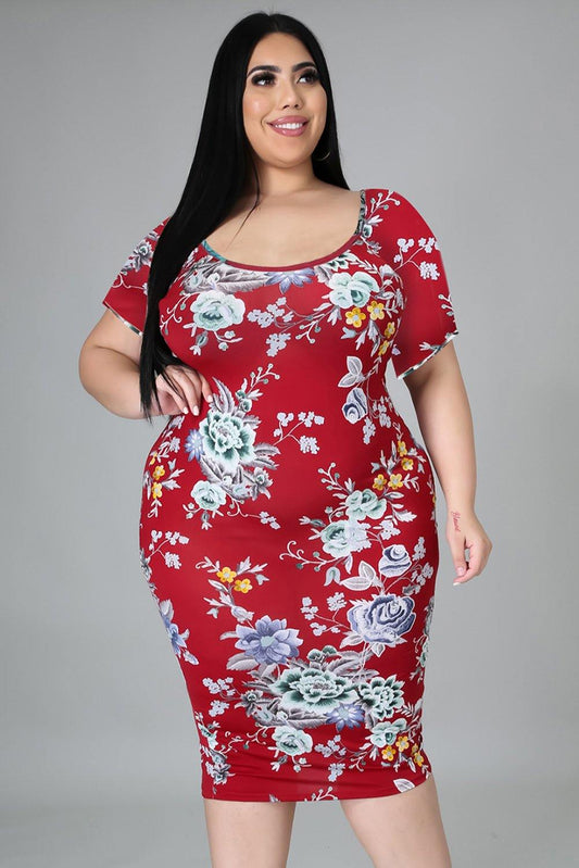 Plus Size Floral Short Sleeve Slim Fit Midi Dress - L & M Kee, LLC