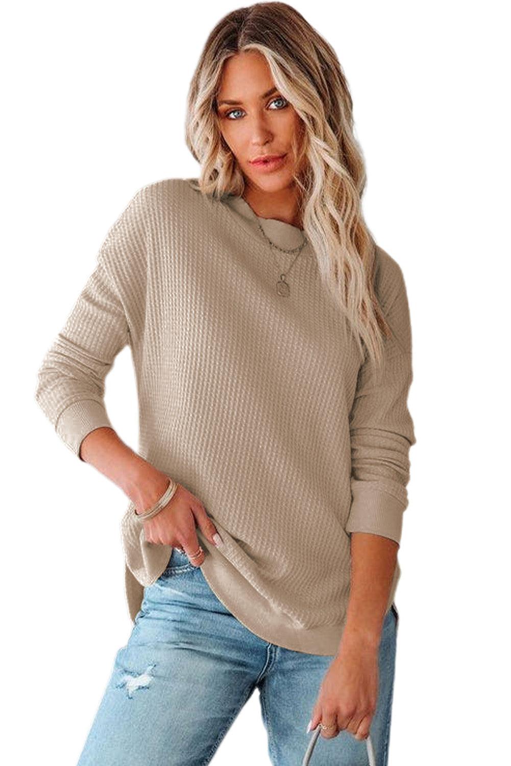 Crew Neck Ribbed Trim Waffle Knit Top - L & M Kee, LLC