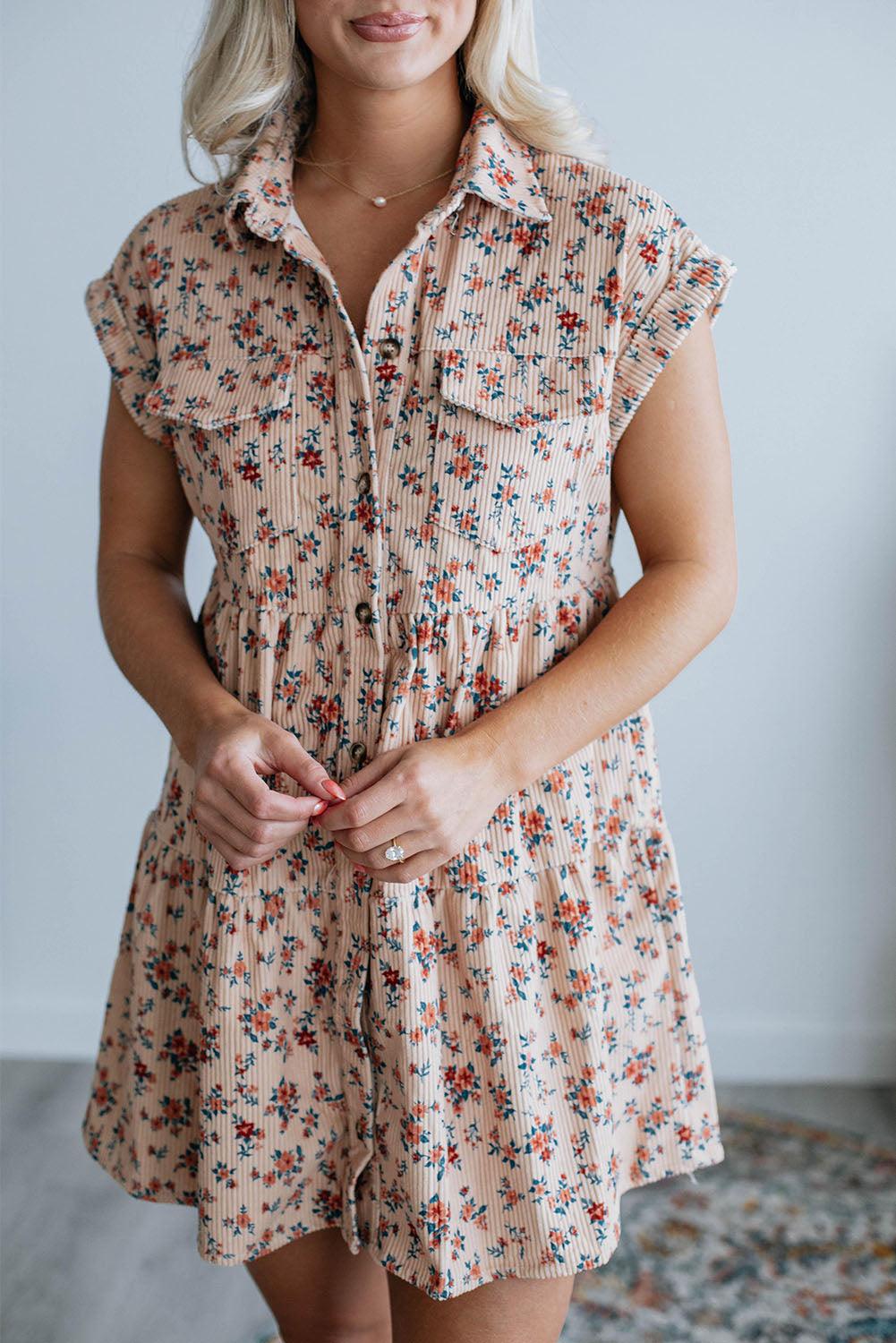 Short Sleeve Flap Pockets Shirt Floral Dress - L & M Kee, LLC