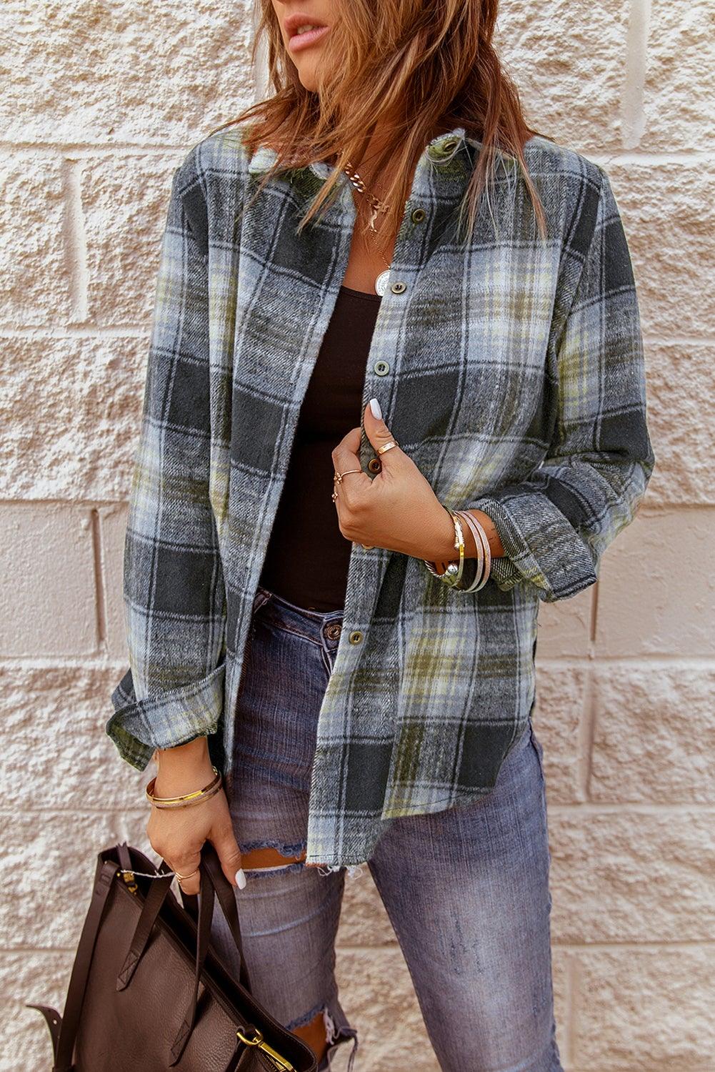 Oversize Rounded Hem Plaid Shirt with Slits - L & M Kee, LLC