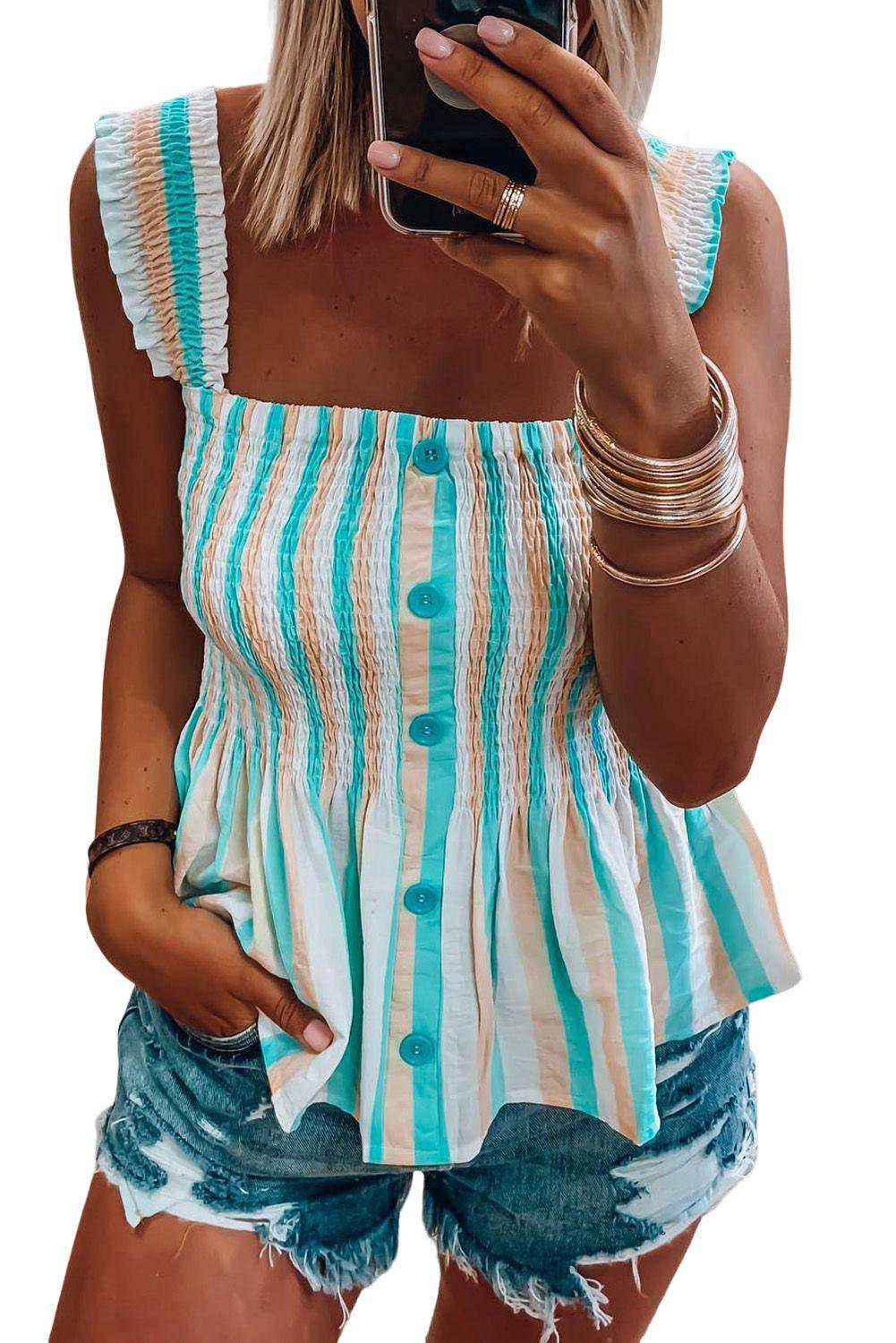 Striped Print Smocked Peplum Tank Top - L & M Kee, LLC